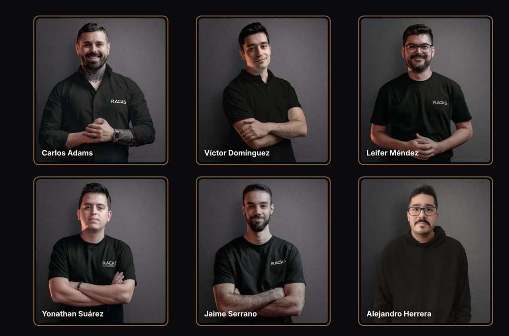 equipo de profesores Racks Academy Carlos Adams Víctor Domínguez y Leifer Méndez expertos en inteligencia artificial