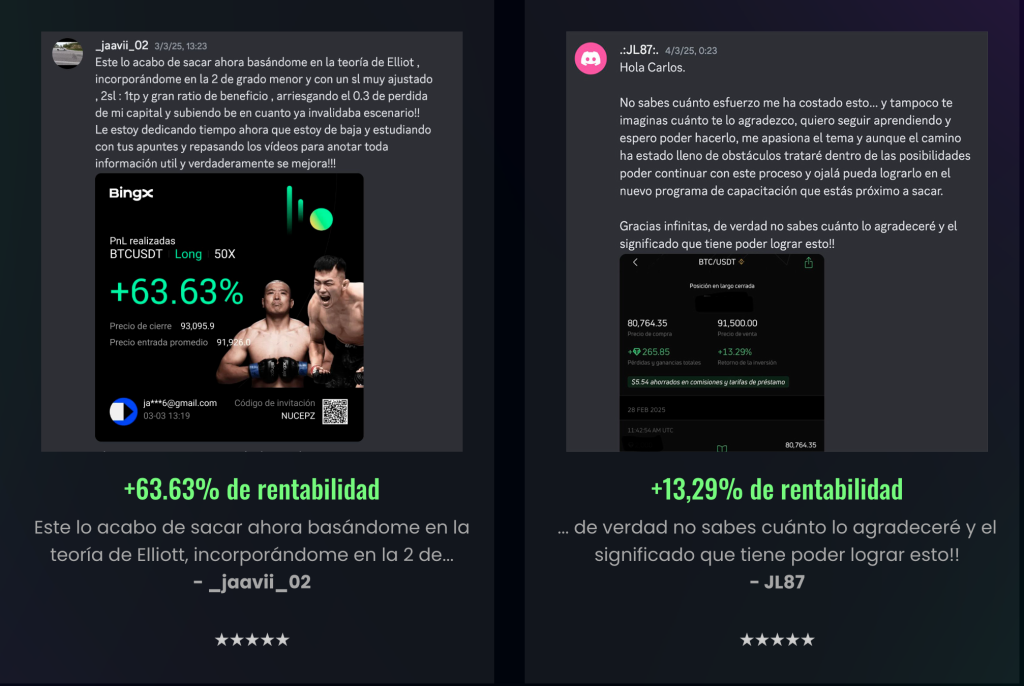 Testimonios de alumnos de Eliott Traders opiniones con resultados y cuentas fondeadas